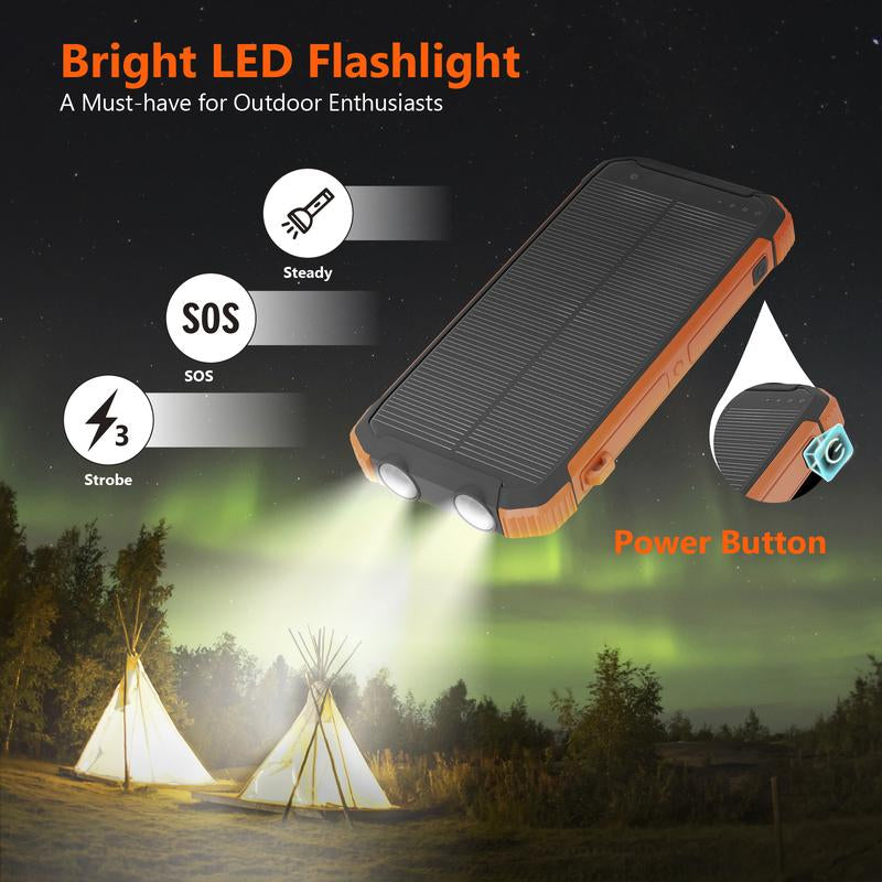 20000Mah Solar Power Bank, 15W Fast Wireless Charger with USB-C & Dual Flashlights. Outdoor Portable Battery Pack for All Phones & Devices. Power Bank Charging Smartphone Chargeable Orange