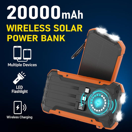 20000Mah Solar Power Bank, 15W Fast Wireless Charger with USB-C & Dual Flashlights. Outdoor Portable Battery Pack for All Phones & Devices. Power Bank Charging Smartphone Chargeable Orange